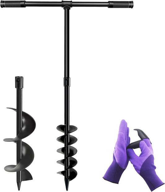 LONGRUN T-Shaped Garden Auger Drill Bit for Planting, Hand Operated Spiral Post Hole Digger, Easy Rapid Planter for Bulbs Flowers, Trees, Seedlings Planting, Bedding, Umbrella Holes-4 & 6x38 Inch Set