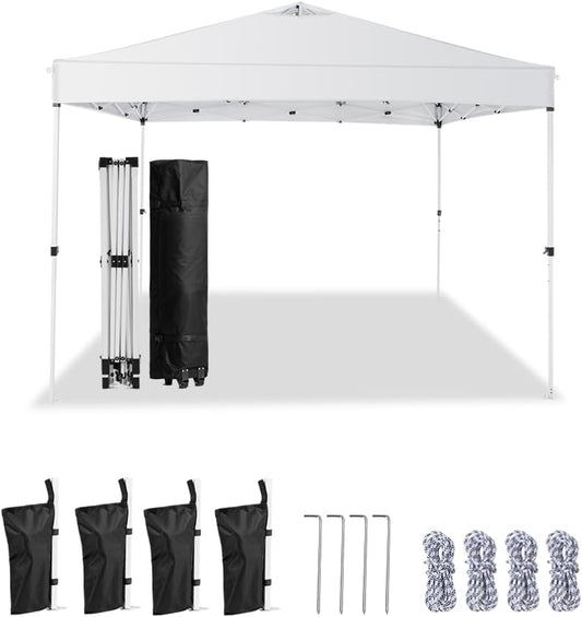 10x10 Pop Up Canopy,Event Tent – One-Person Setup, Waterproof & UV-Blocking, Heavy-Duty Steel Frame, Wheeled Bag & Sandbags – Outdoor Shade for Beach, Camping, Backyard, Tailgate (White)
