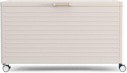 134 Gallon Outdoor Storage Box Waterproof with Wheels, Metal Deck Box for Patio Furniture, Garden Tools, Outdoor Cushion, Latte