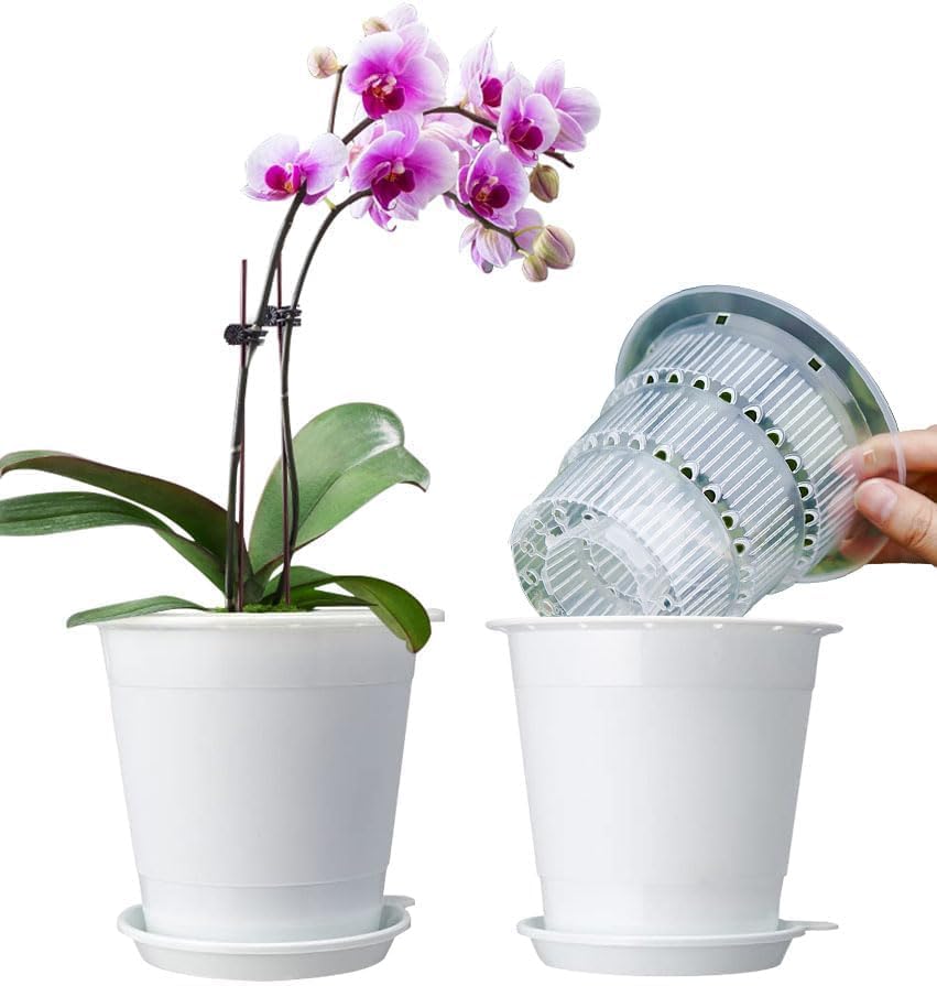 4 inch Clear Orchid Pots with Holes Match White Plastic Orchid Planter,Set of 2,Double Layer Plant Nursery Pots Own Scientific Controlling Roots Technology