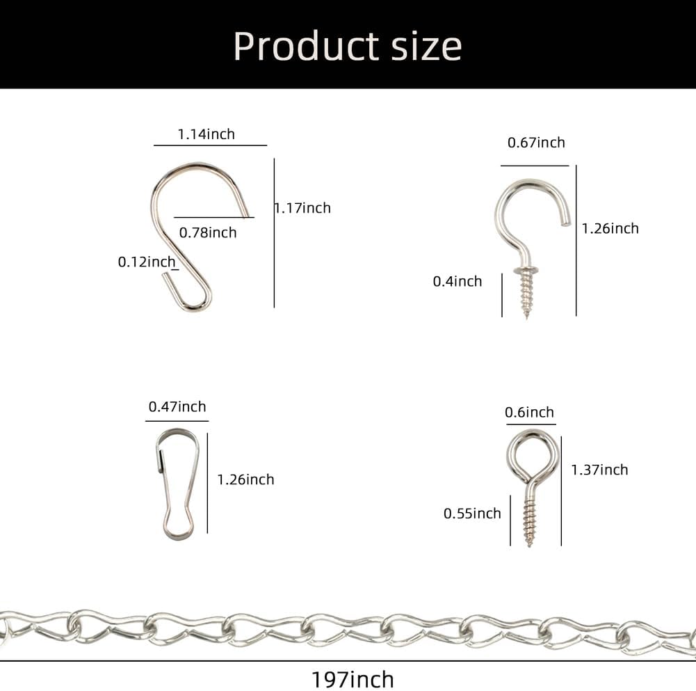 YINGFENG 197 Inch DIY Silver Hanging Basket Chains, Adjustable Length, Decorative Metal Chain with Hooks for Hanging Bird Feeders, Planters, Ornaments