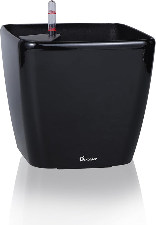 Dexceder 9x8 Self Watering Planter Indoor Outdoor, Inner Mat Design, Thickened Table Flower Plant Pot with Water Level Indicator (Black High Gloss)