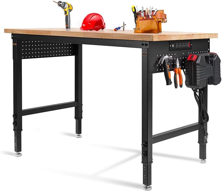 48" L×24”W Adjustable Workbench, 28”-40”Heights Heavy Duty Table 2000 LBS Load Capacity, Work Bench with Power Outlet & Pegboard, Rubber Wood Work Table for Garage, Office, Workshop, Home