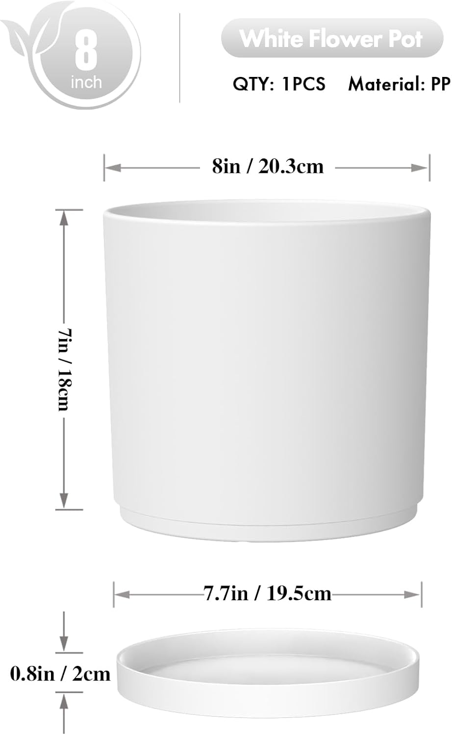 8 Inch Cylinder Plant Pots for Indoor Outdoor Plants, Medium Deep Flower Pots with Drainage Holes & Saucer, Decorative Plastic Planter Pots for Garden House Plants, White