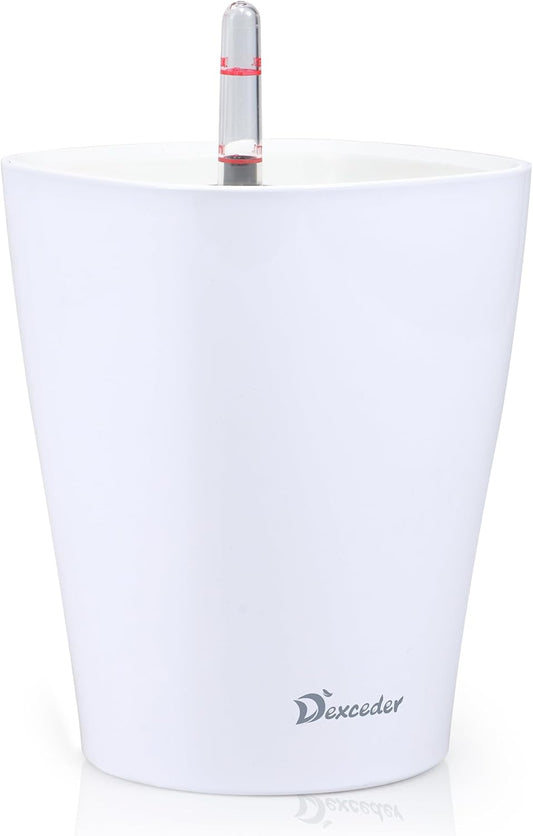 Dexceder 6x7 Self Watering Planter Indoor Outdoor, High Gloss Table Flower Plant Pot with Water Level Indicator (White)