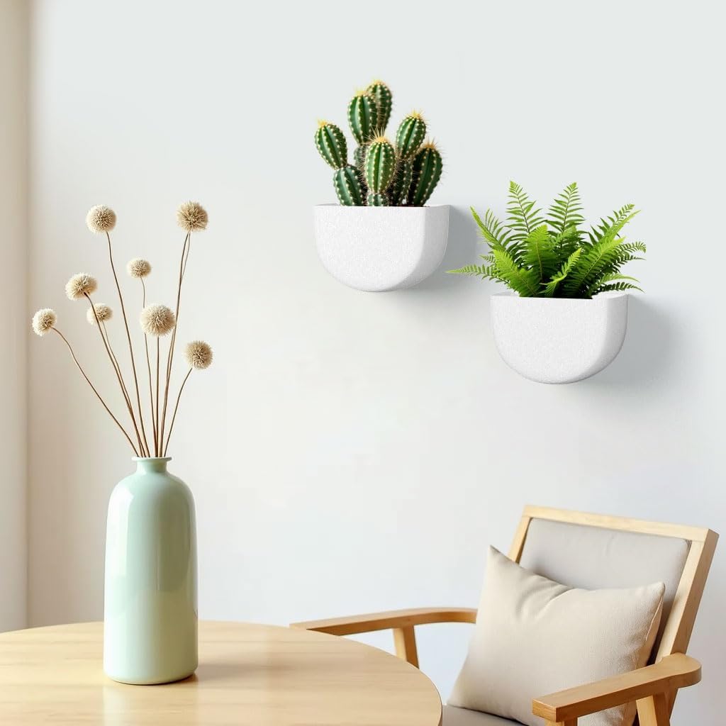 2 Pack Wall Hanging Planter Pots for Indoor and Outdoor Plants, 7 Inch Half-Moon-Shaped Plastic Wall Planter, Wall Mounted Succulent Planters (White)