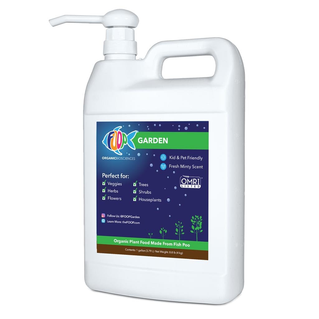 FOOP Garden Pump Bundle - Organic Liquid Plant Food Made from Fish Manure (with Fresh Minty Scent) | Perfect for Veggies, Herbs, Flowers, Trees, Shrubs | Kid & Pet Friendly (1 Gallon + Pump)