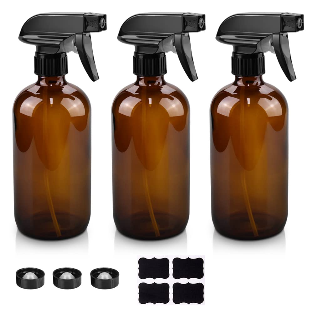 Glass Spray Bottles, 16oz Amber Glass Spray Bottles with Labels & Adjustable Nozzle, Reusable Containers for Cleaning, BBQ, Food, Plants, Alcohol, Essential Oils(3 Pack)