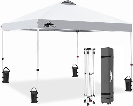 EAGLE PEAK Pop Up Canopy Tent with Wheeled Carry Bag, 8 Stakes, 4 Ropes, 4 Weight Bags, Easy Set Up Tent Canopy, 10x10 ft, 100sqft of Shade, White