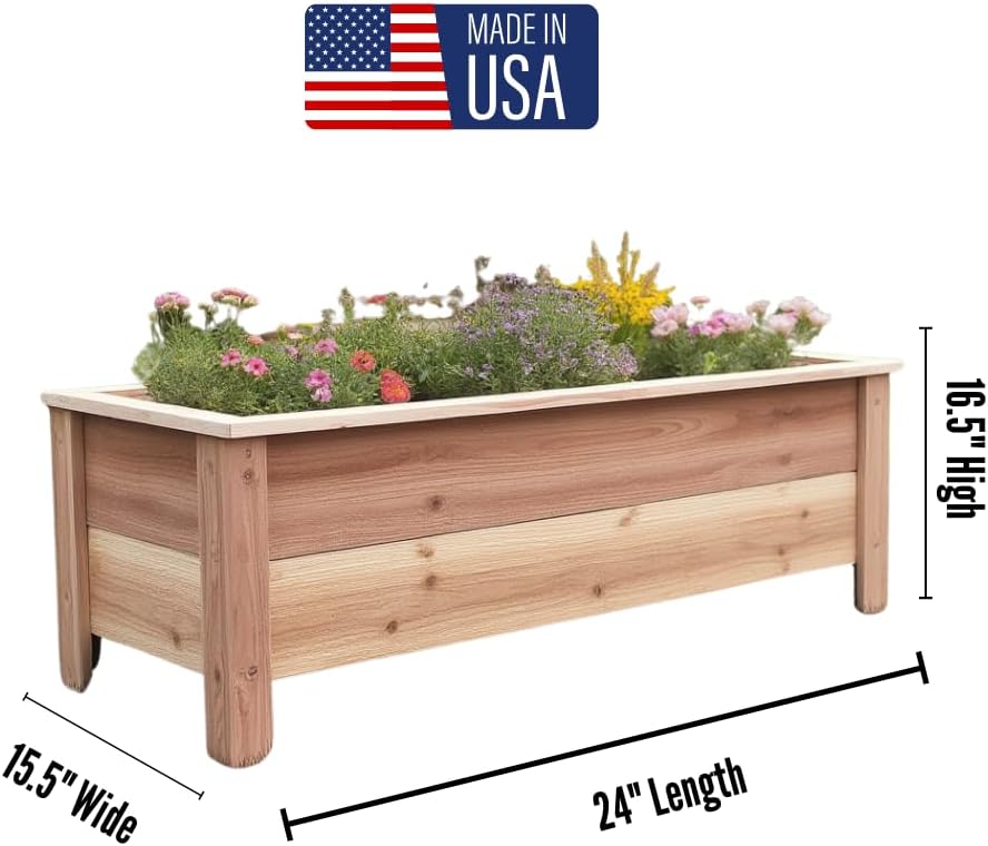 Handmade Custom Heavy Duty Rectangular Raised Cedar Wood Garden Planter Box – 46", 36", 24" – Indoor/Outdoor Farmhouse Style for Flowers & Vegetables – Made in USA (24" L x 15.5" W x 16.5" H)