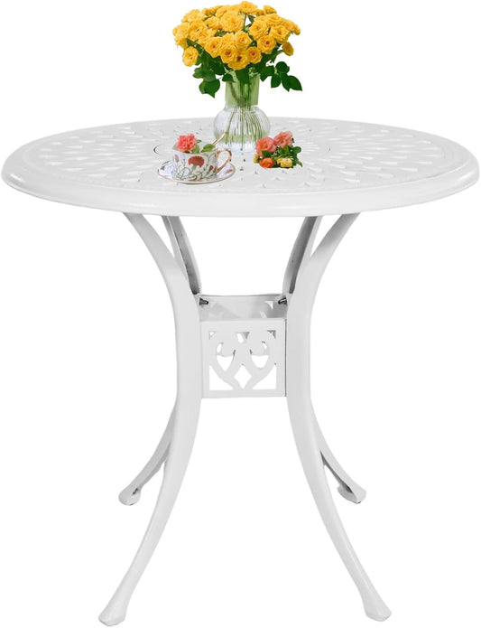 30 inches Patio Table with Umbrella Hole, Round Cast Aluminum Bistro Table for Porch Backyard, White
