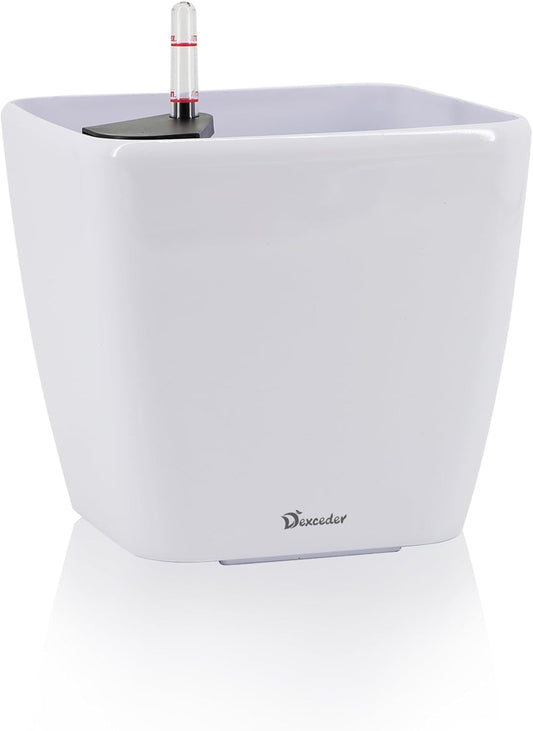 Dexceder 9x8 Self Watering Planter Indoor Outdoor, Inner Mat Design, Thickened Table Flower Plant Pot with Water Level Indicator (White High Gloss)
