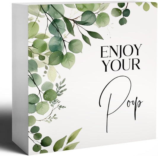 Funny Bathroom Signs, Enjoy Your Poop Humorous Wooden Box Sign, Eucalyptus Botanical Wood Signs Plaque for Bathroom Washroom Toilet Counter Shelf Table Decor, 5x5 Inch