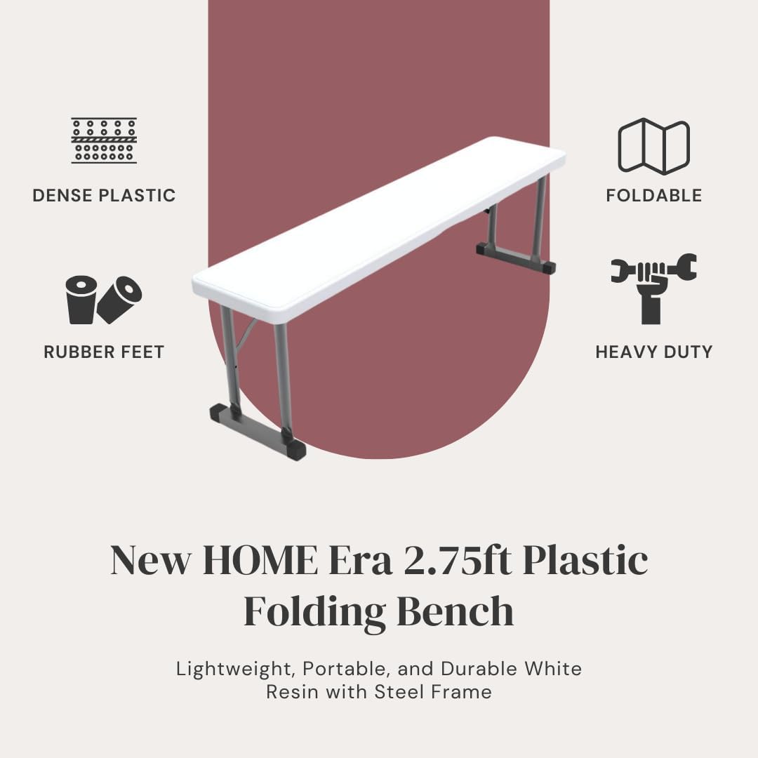 2.75ft Plastic Folding Bench – Lightweight and Portable White Resin with Durable Steel Frame, 33”x8”x16” - (Pack of 1, White, 2.75 Feet)