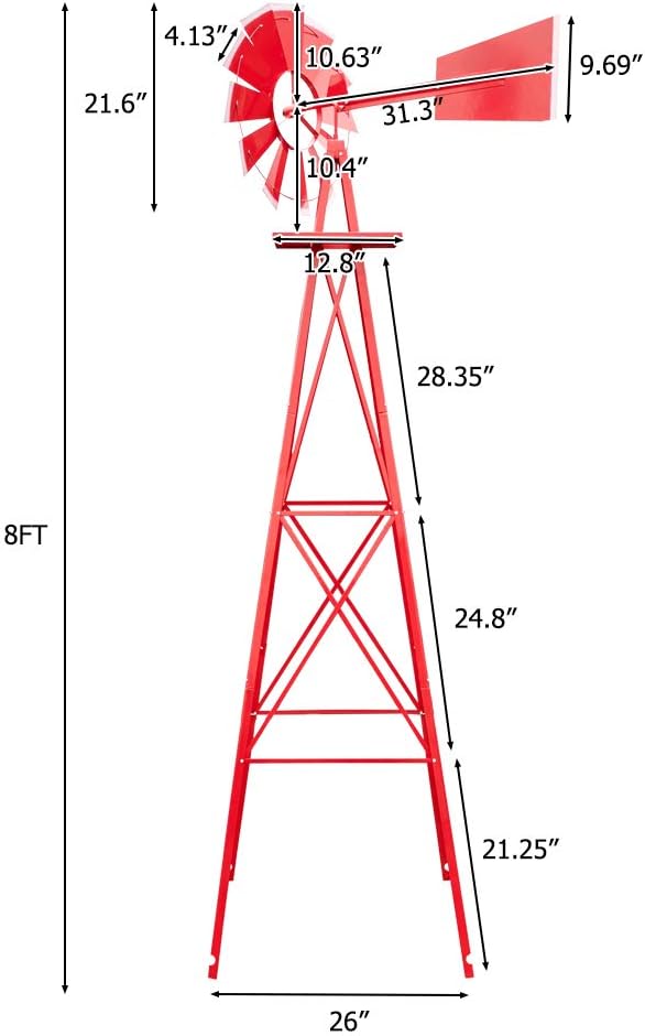 Garden Windmill for Yard Decor, 8 ft Tall Metal Windmill with Spinning Blades, Weather-Resistant Outdoor Windmill for Lawn, Farmhouse, Rustic & Farm Decor, Red