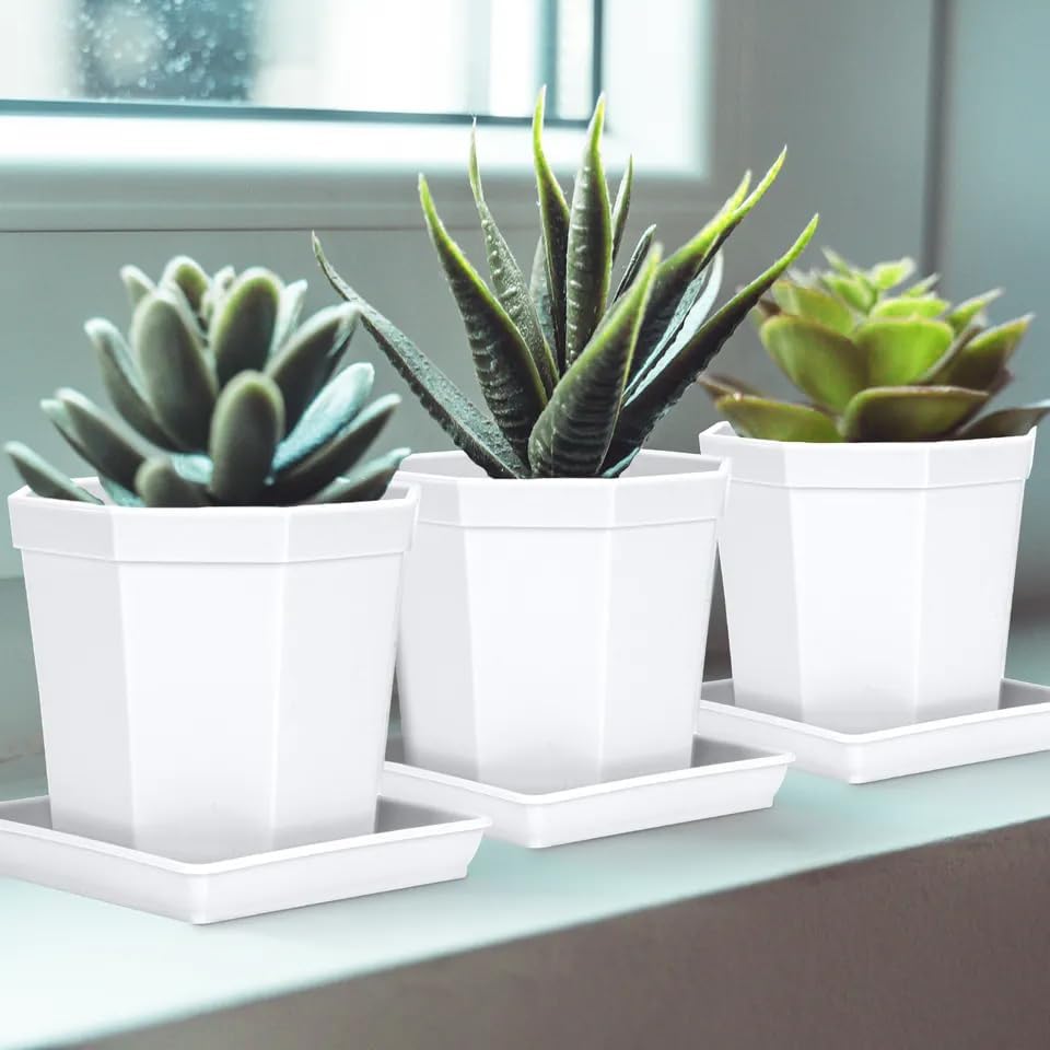 3 Pack Square Plant Saucer 20 22 Inch, Heavy Plastic Water Tray Tor Plants, Planters for Indoors and Outdoors Plants, Deep Plant Trays for Pots, Extra Large Plant Saucers (20 inch, White)