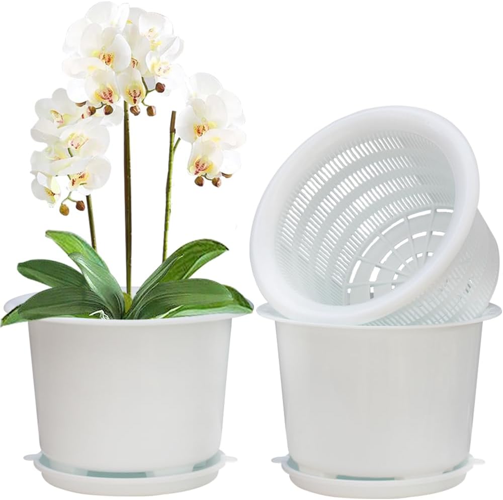 8 Inch Orchid Pots with Holes and Saucers,Double Layer Plastic Large Orchid Planter Pot,Flower Pots for Indoor Outdoor Flower Plants,Orchids,Herbs,Snake Plants and Succulents