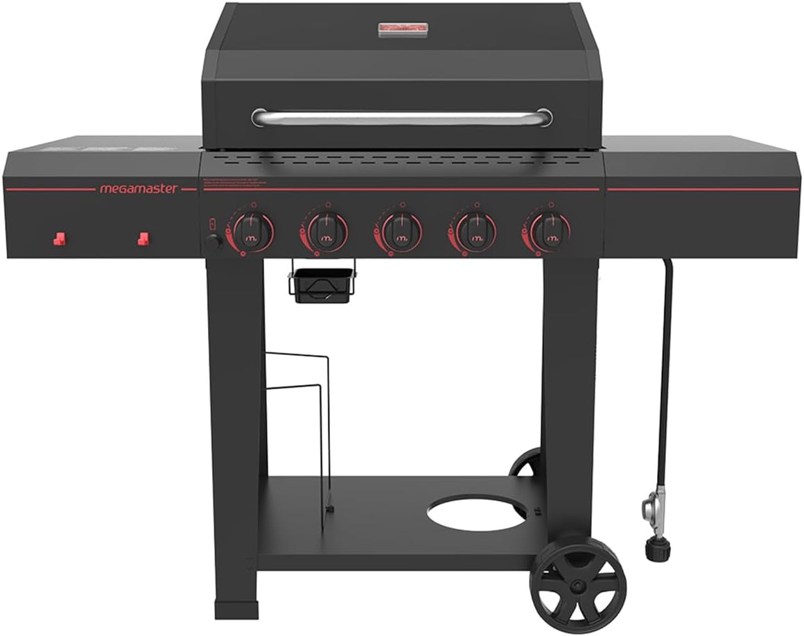 720-0982 5 Burner Propane Barbecue Gas Grill, Side Shelves with Hooks, for Outdoor Cooking, Patio, Garden Barbecue Grill, 50000 BTUs, Open Chart, Black