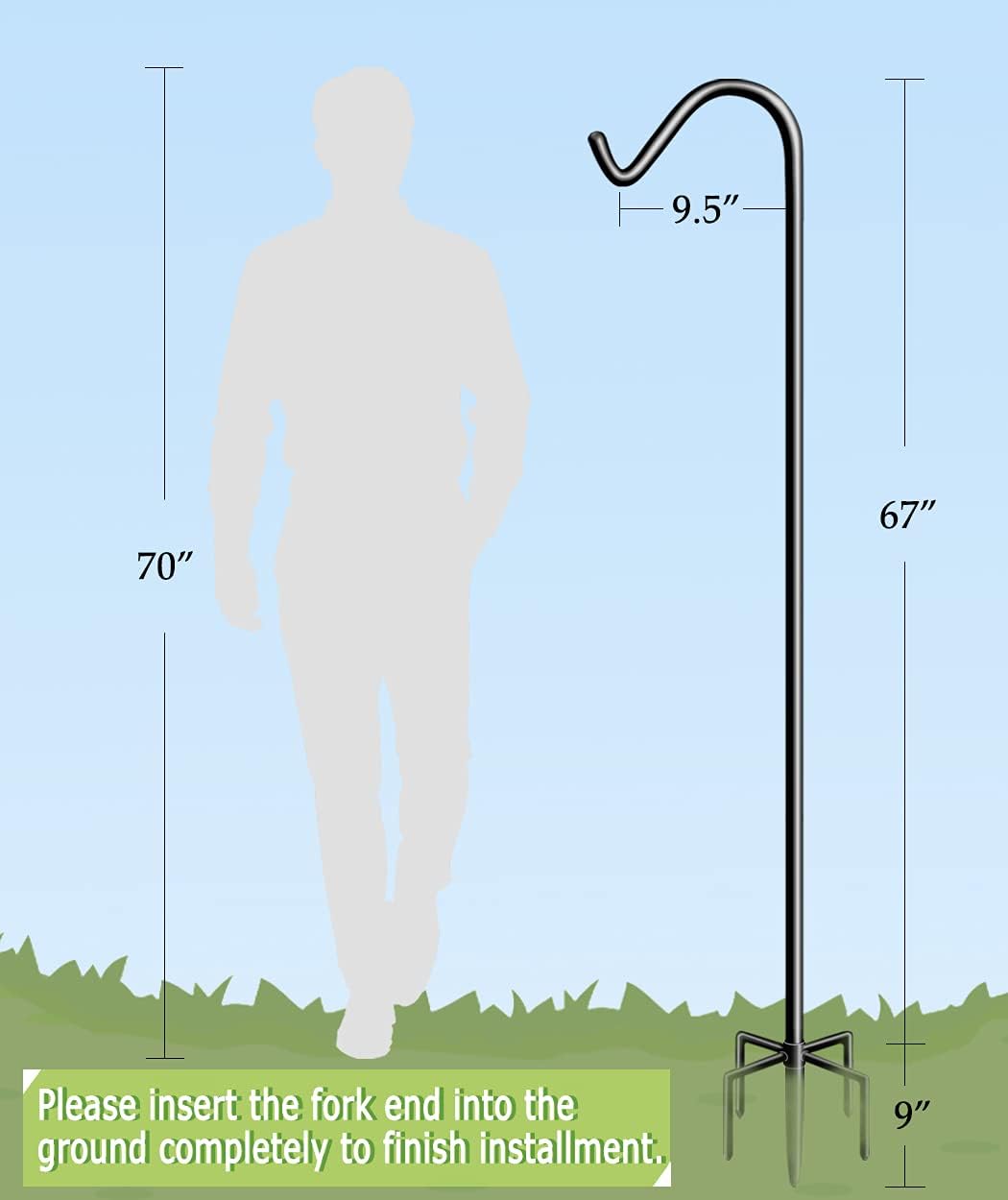 Garbuildman 76 Inch Tall Shepherd Hooks with 5-Forked Base, Adjustable Heavy Duty Bird Feeder Pole Stand Hanger for Outdoor, Shiny Black, 1 Pack