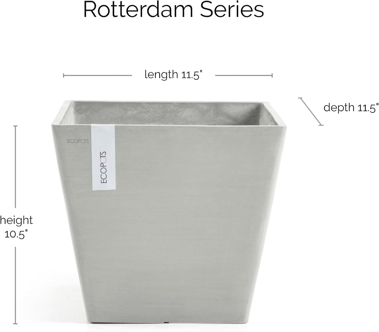 Ecopots Rotterdam Durable Modern Square Indoor/Outdoor Recycled-Based Composite Flower Planter, White Grey, 12"