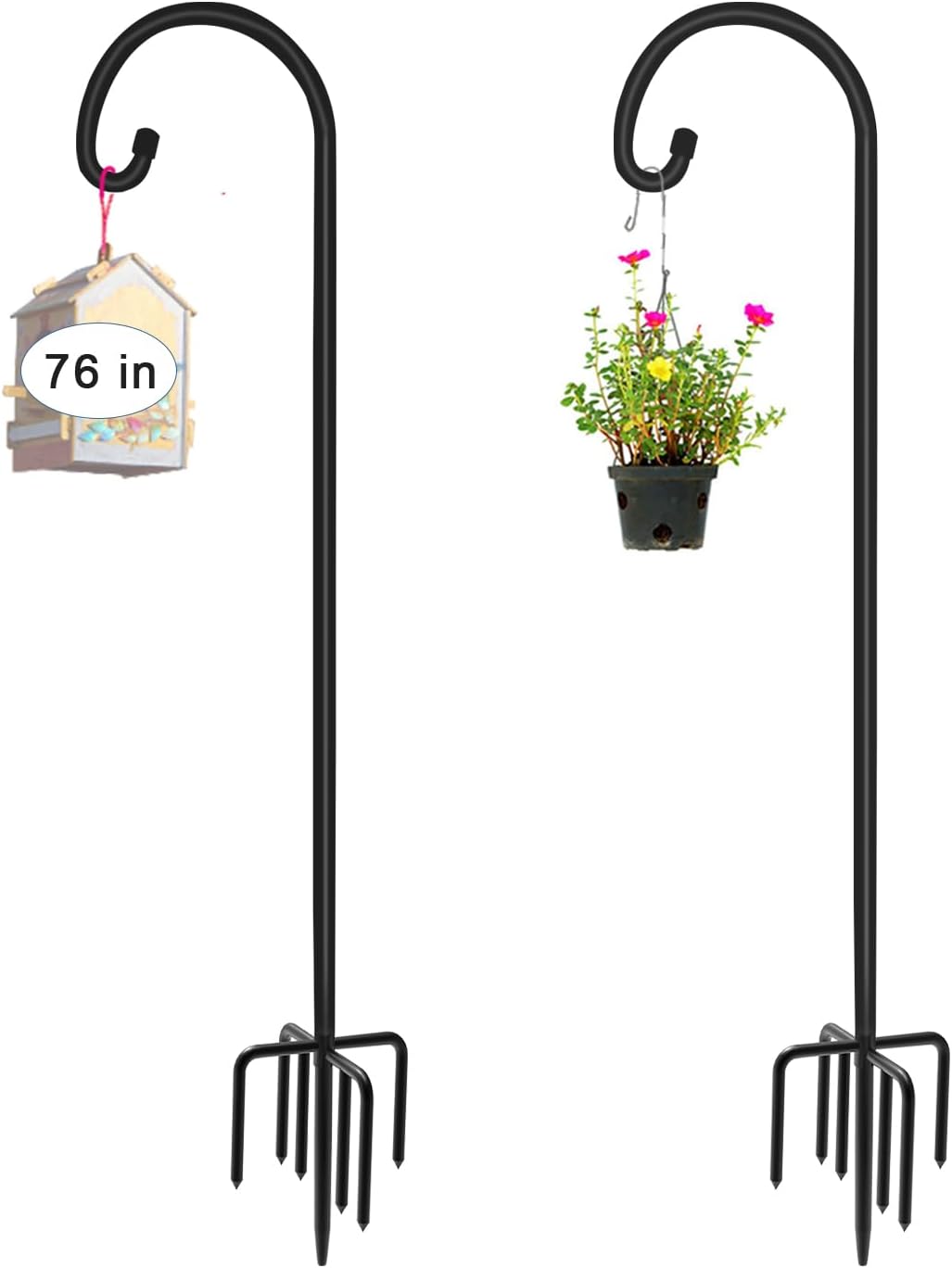 76 inch Outdoor Shepherd Hook with 5 Prong Base (2 Packs), Adjustable Heavy Duty Garden Hanging Stake for Bird Feeder Solar Light Plant Hanger Wedding Decor, Matte Black