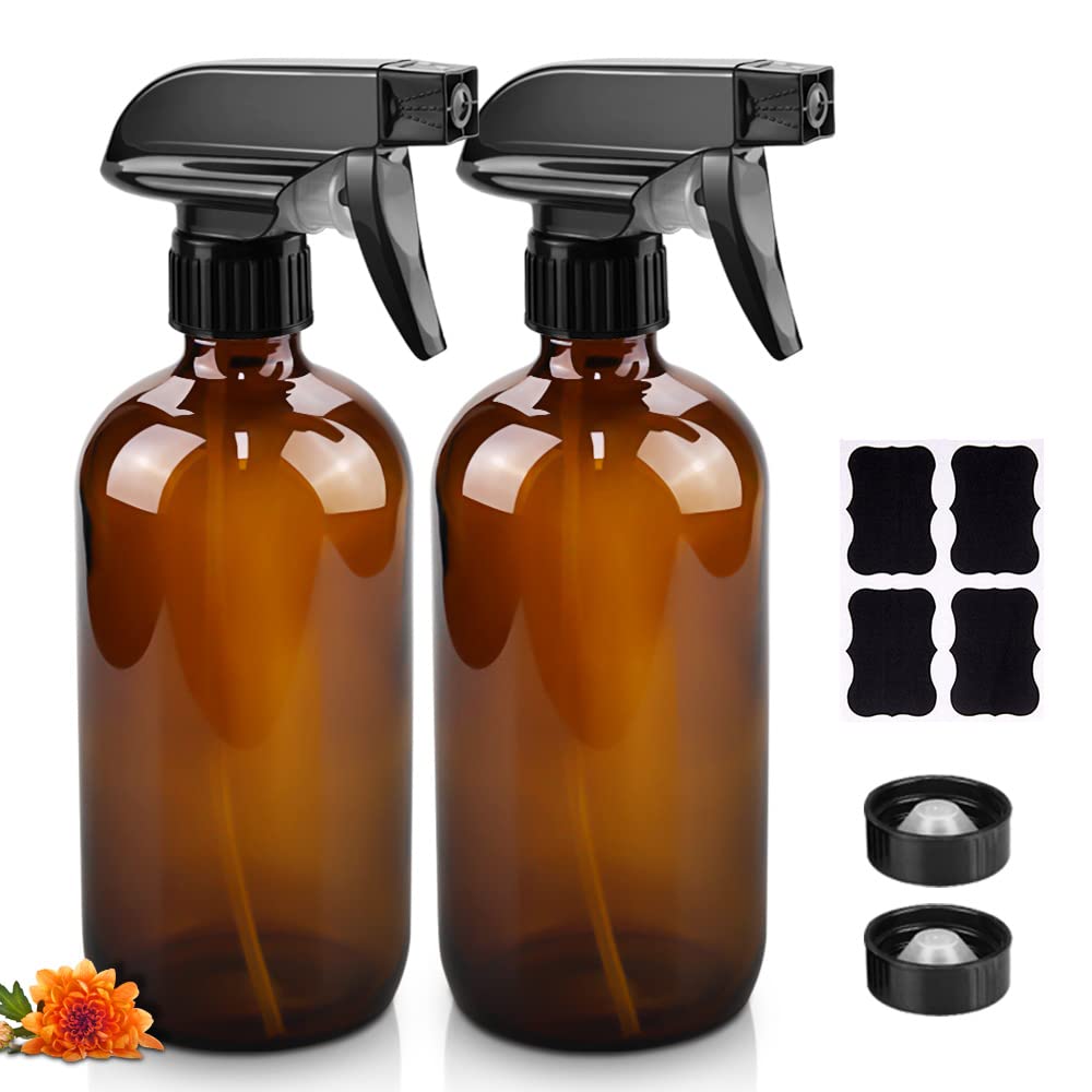 Glass Spray Bottles, 16oz Refillable Containers, Empty Boston Round Bottles with Labels & Adjustable Nozzle for Cleaning, Gardening, Aromatherapy, Pets, Plant, Hair -Amber (2 Pack)