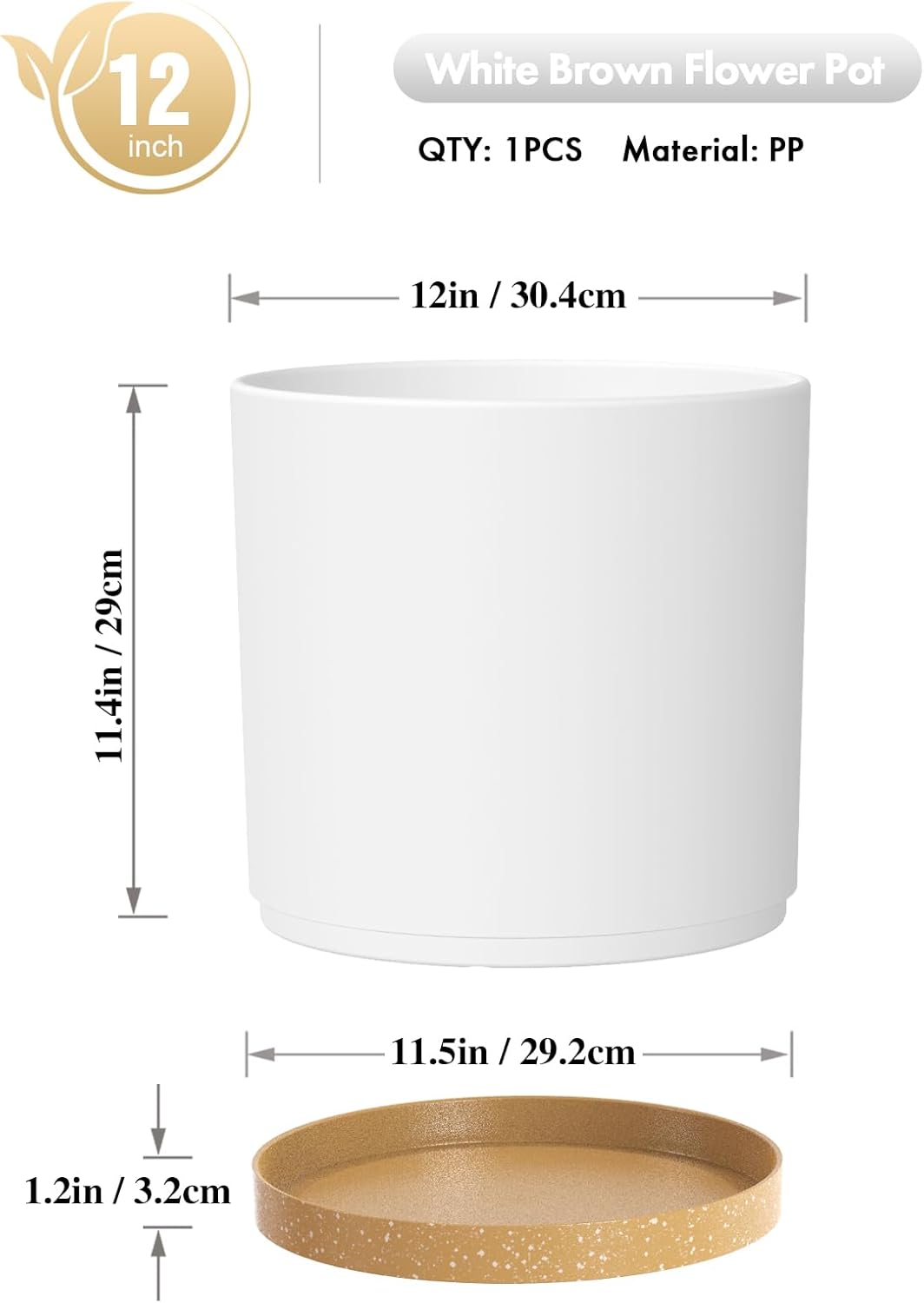12 Inch Large Deep Plant Pots for Outdoor Indoor Plants, Tall Cylinder Flower Pots with Drainage Holes and Saucer, Big Decorative Plastic Planter Pots for Garden House Plants, White with Brown