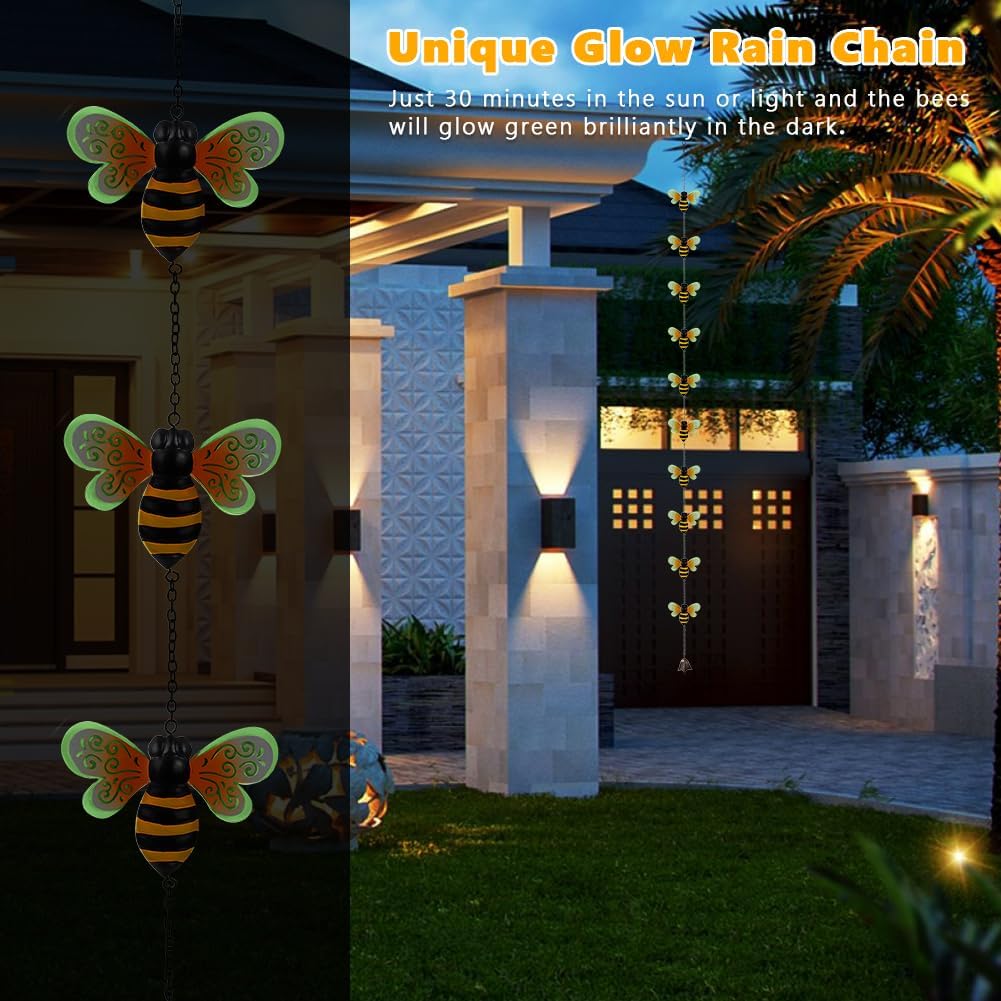 8.4 FT Rain Chains for Outside, Decorative Glow Bee Rain Chain with 12 Cups, Metal Adjustable Rain Catcher Chain, Replacement Downspout for Gutters