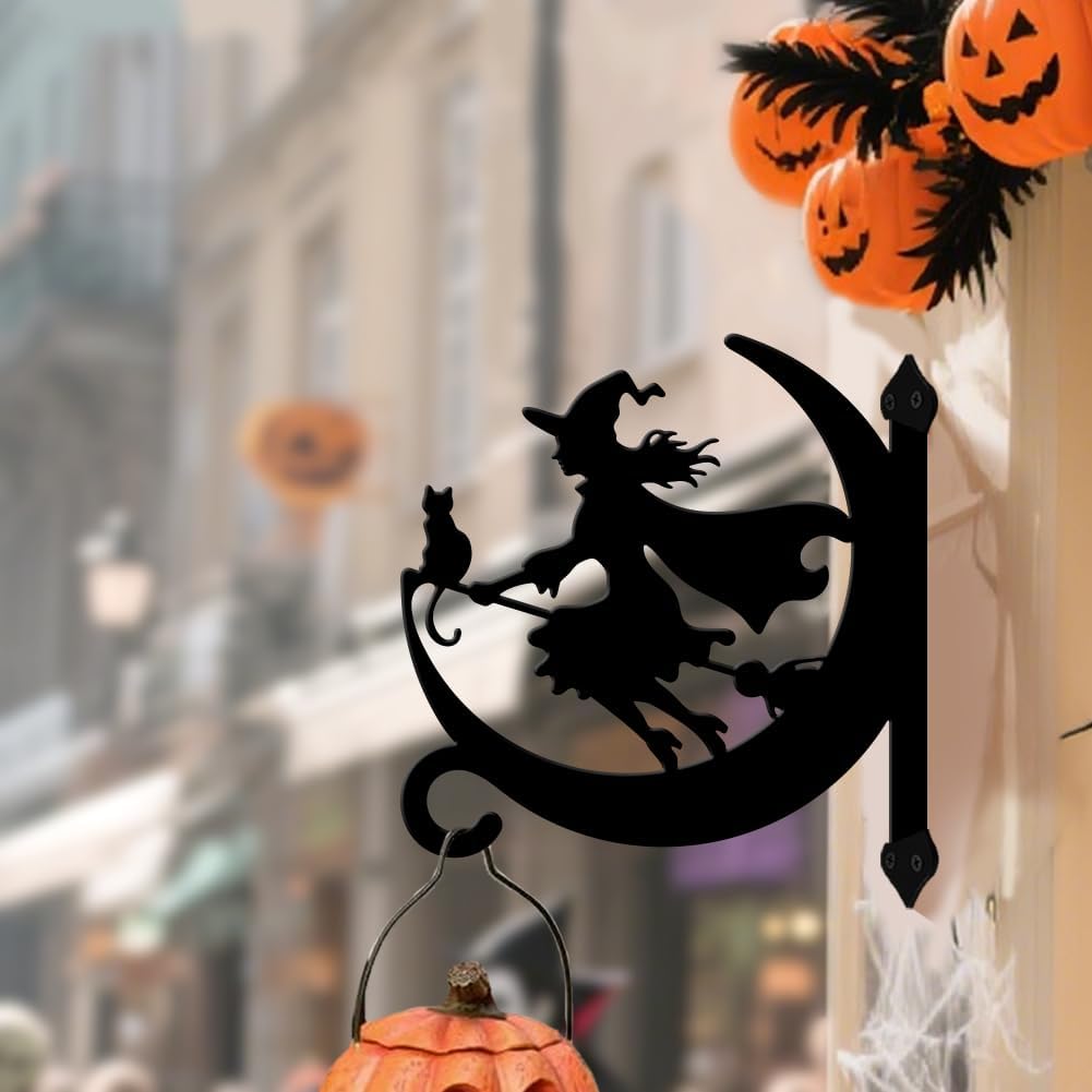 peacoblue Iron Plant Hangers Hooks for Outdoor Indoor Hanging Plants Flower Fern Pots Lantern Bird Feeder,11.6"x13.6" Weather Resistant Metal Wall Holder for Porch Garden Farmhouse(Witch and Cat)