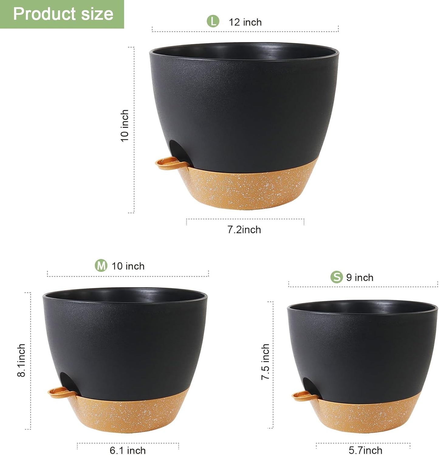 12/10/9 inch Large Self Watering Pots, Planter, Plant Pots with Mesh Drainage Holes for Indoor Outdoor Garden Plants, Plastic Flower Pots with Removable Deep Reservoir, Black with Brown