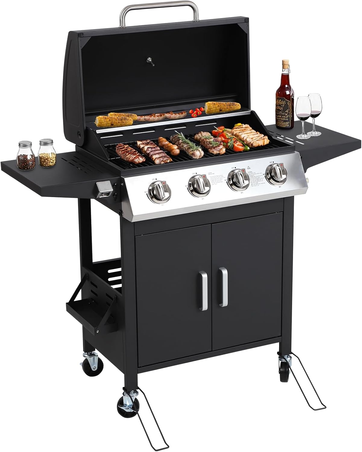 4 Burner Gas Grill with Side Burner, Stainless Steel Foldable Side Tables, 40,000 BTU, with Grease Tray, Easy Assembly for Patio, Backyard (Folding Version)