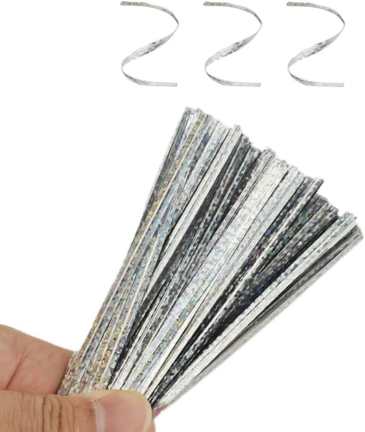 HAHIYO 300Pcs 4inches Holographic Silver Metal Twist Ties Bread Candy Coffee Bag Ties Plant Garden Twist Ties for Cellophane Treat Bags Gift Wraping Bags Plastic Bags Party Cake Present Art Crafts