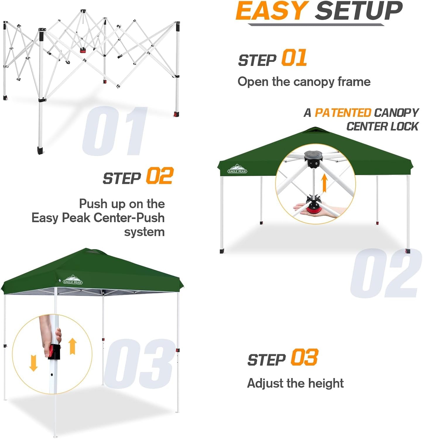 EAGLE PEAK Pop Up Canopy Tent with Wheeled Carry Bag, 8 Stakes, 4 Ropes, Easy Set Up Tent Canopy, 6.6x6.6 ft, Green