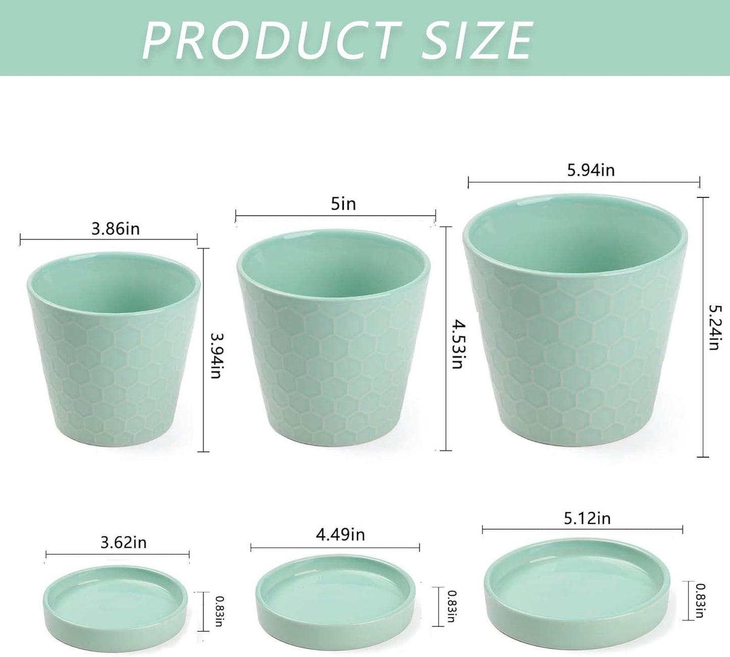 EFISPSS Ceramic Plant Pots –4”+5”+6” inch Set of 3, Planters with with Drainage Holes and Ceramic Tray, Indoor Flower Pot Gardening Home Desktop Office Windowsill Decoration Gift(Mint Green)