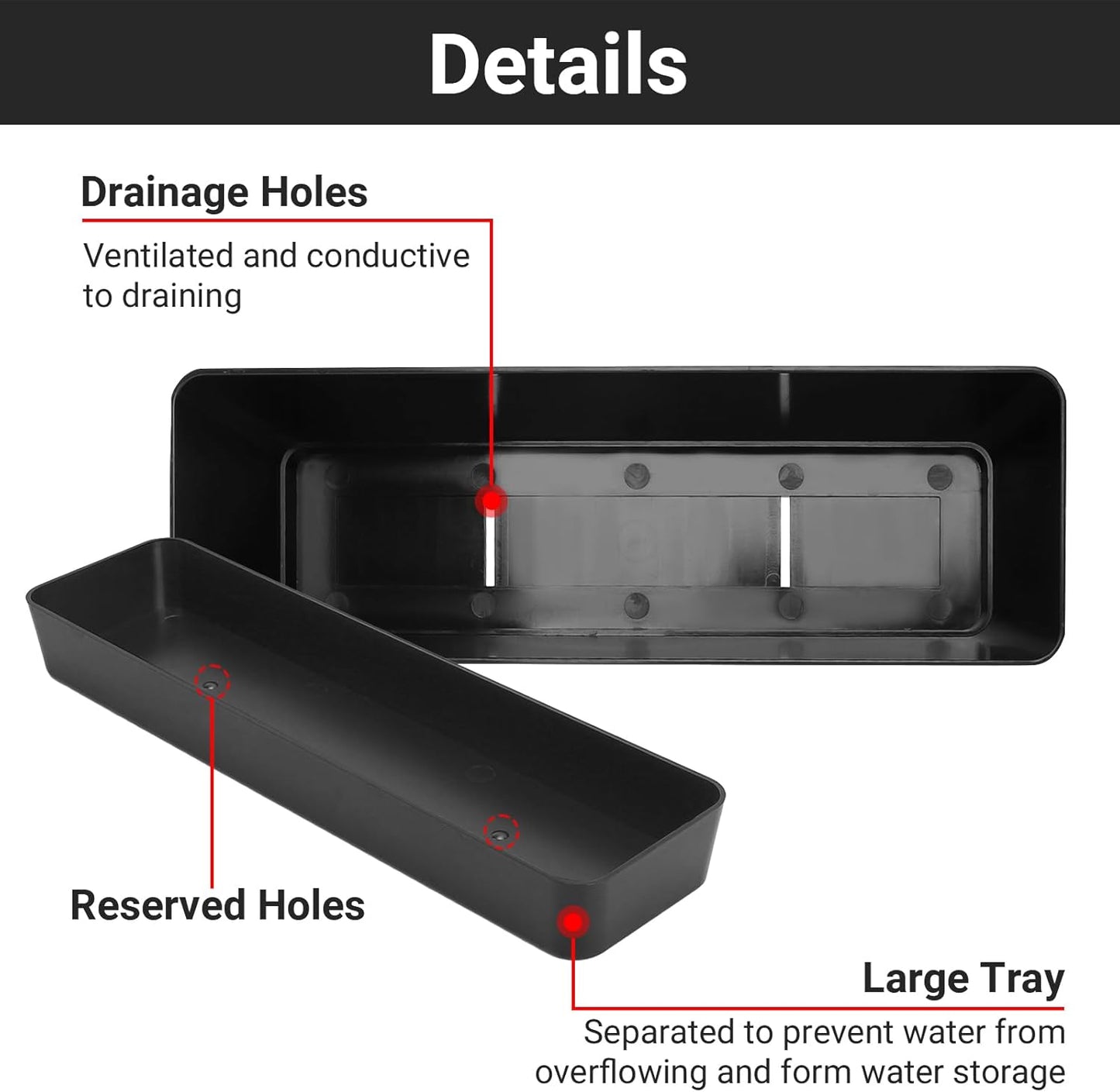 GREANER 12x3.8 Inch Herb Planters, 1 Pack Rectangle Window Boxes with Tray, Indoor Succulent Cactus Mint Plastic Pot for Windowsill, Balcony, Office, Outdoor Garden - Black