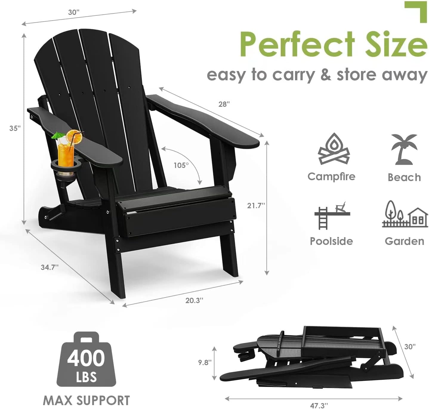 GREENVINES Folding-Adirondack-Chairs-Set-of-2 | HDPE Plastic | Fire Pit Chair | All Weather | Cup Holder | Black | for Deck Backyard Patio Outdoor Garden