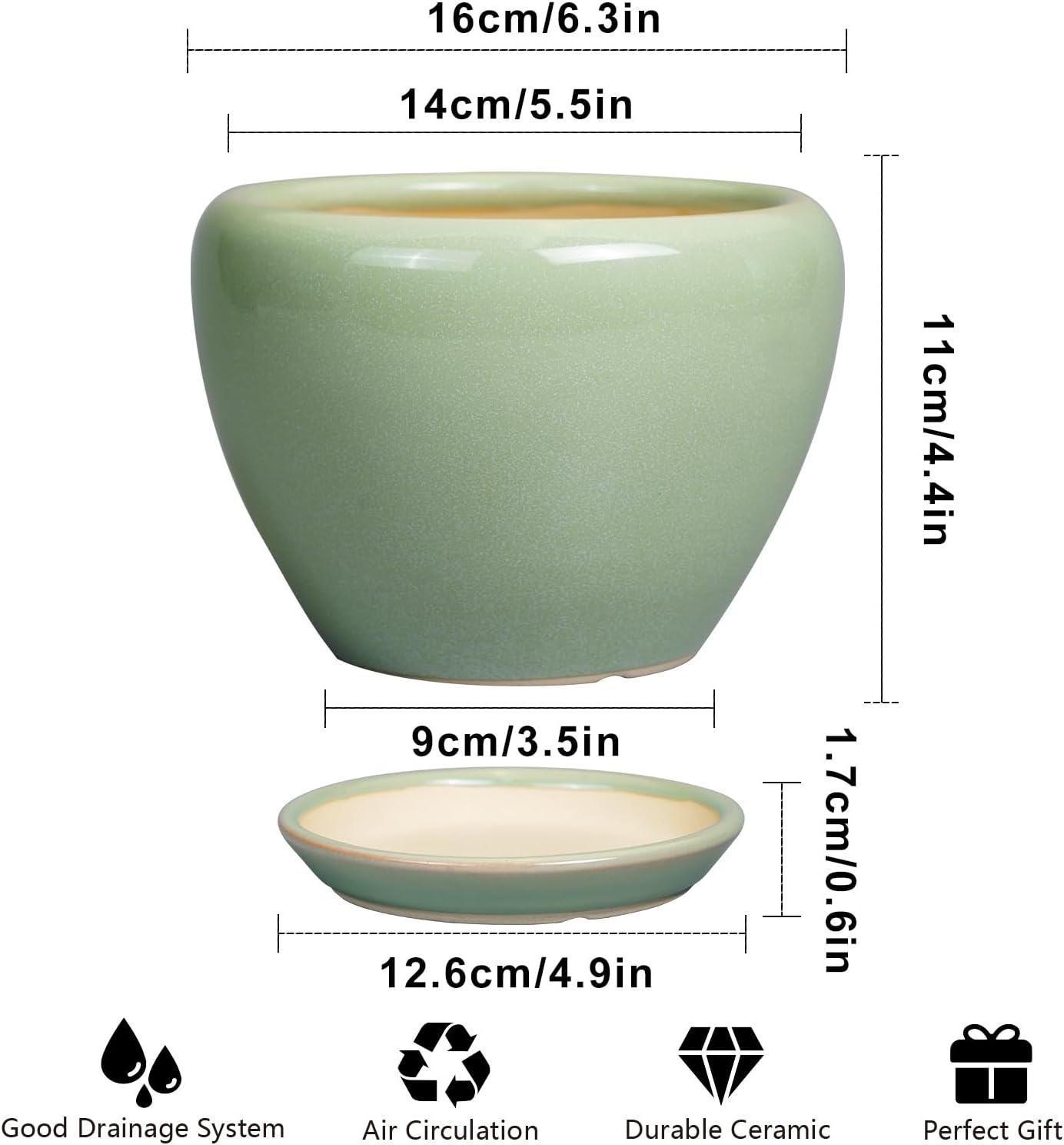6 Inch Plant Pot - Ceramic Planter for Indoor Plants Round Planter Outdoor Plant Pot with Drainage Hole and Saucer Modern Flower Pot for Succulent Garden Green