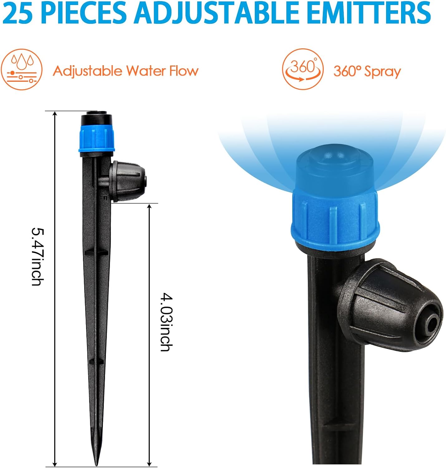 25 Pieces Drip Emitters Fan Shape with Stake for 1/4" Irrigation Tubing: Adjustable 360 Degree Water Flow Irrigation Universal Vortex Sprayer On 5" Stake Drip Pipe Sprinklers Fittings