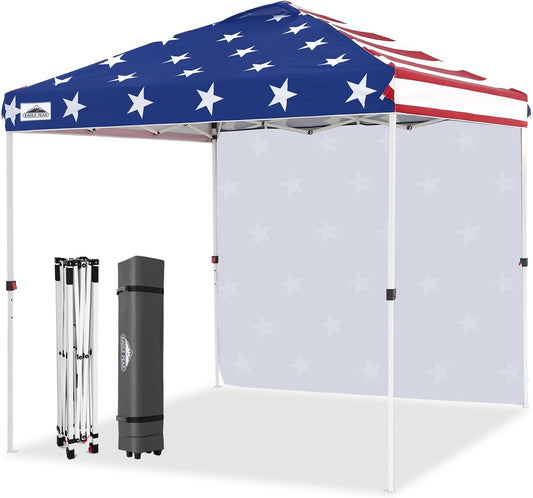 EAGLE PEAK Pop Up Canopy Tent with 1 Sidewall, Easy Setup Event Tent, Outdoor Sun Shade, Wheeled Carry Bag, Stakes and Guy Ropes, Instant Canopy 8x8, American Flag