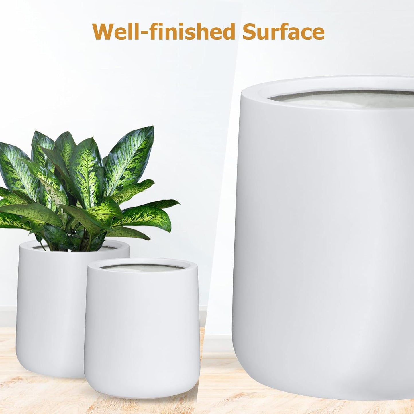 14" H x 13.7" D Conico Fiberstone Round Planter with Drainage Hole, Smooth Finishes, Weather Resistant for Indoor and Outdoor Use, Included 2 Extra Coco Mats (White, 10.6" Pot Opening)