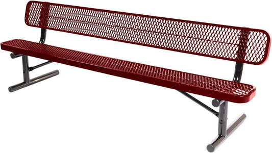 Heavy-Duty Portable Outdoor Bench Thermoplastic Coated, Expanded Metal, Commercial-Grade Seating, Made in America (Portable with Back, 8 Ft, Textured Burgundy)