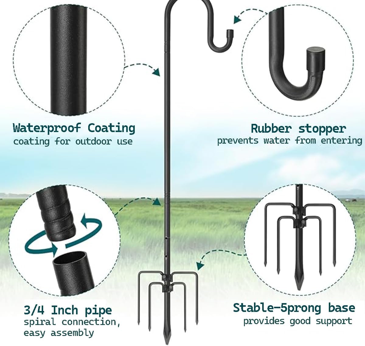 CMASTER Shepherd Hook for Outdoor, 1 Pack 46Inch Bird Feeder Pole with 5 Prong Base Heavy Duty Adjustable Garden Hook for Hanging Plant, Hummingbird Feeder, Lantern(46Inch)