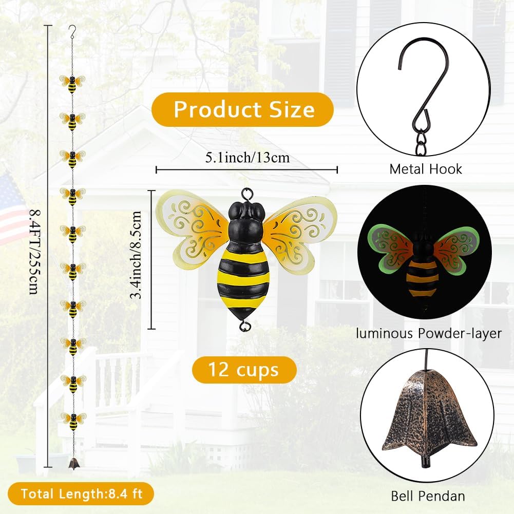 8.4 FT Rain Chains for Outside, Decorative Glow Bee Rain Chain with 12 Cups, Metal Adjustable Rain Catcher Chain, Replacement Downspout for Gutters