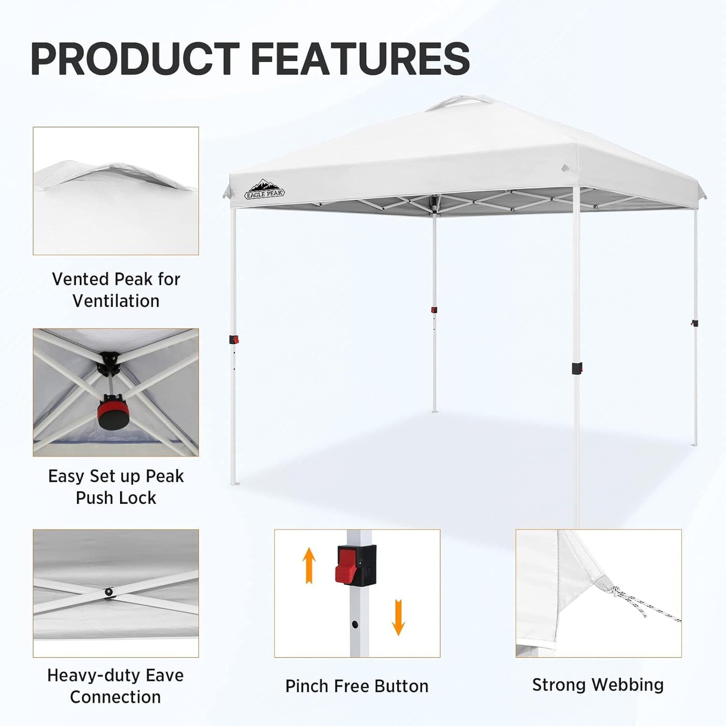 EAGLE PEAK Pop Up Canopy Tent with Wheeled Carry Bag, 8 Stakes, 4 Ropes, Easy Set Up Tent Canopy, 8x8 ft White