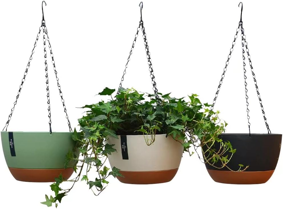 3 Pack Plastic Hanging Planters Set ,8.3 Inch Hanging Flower Plant Pot with Drainage Hole for Indoor Outdoor Plants, Round Hanging Basket with Removable tray for Home Garden Porch Balcony Patio Decor