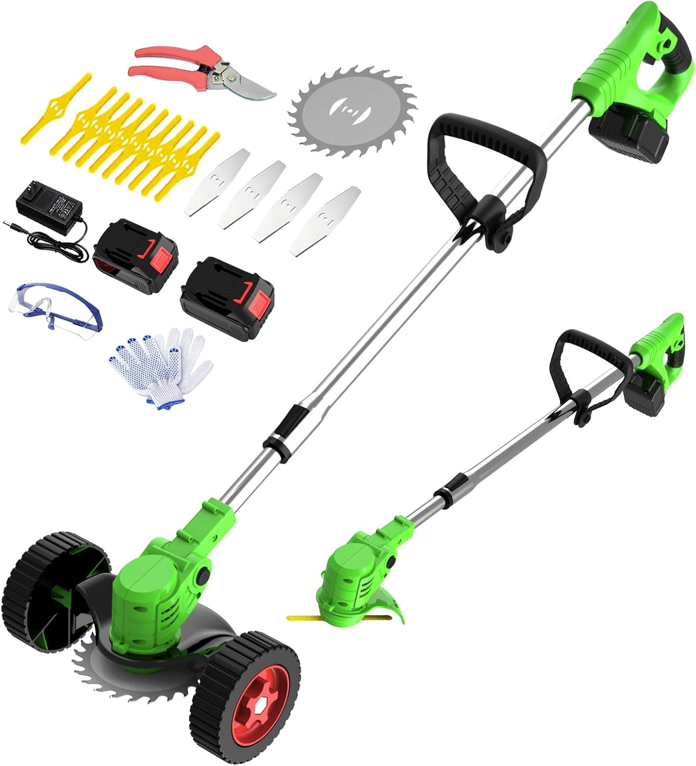 Electric Weed Wacker Eater Battery Powered, Cordless 21V Weed Trimmer with 2 Battery Operated & Charger & Wheels & Shears, 3 in 1 Lightweight Grass Trimmer/Edger/Brush Cutter for Garden Yard Lawn