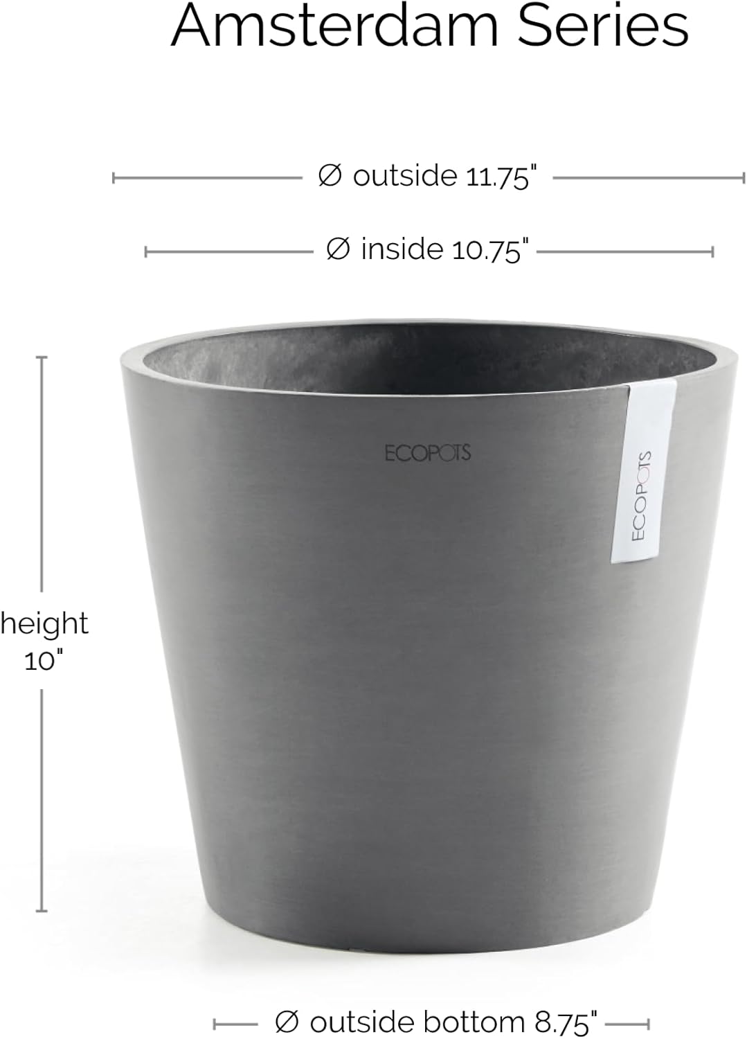 Ecopots Amsterdam Durable Modern Round Indoor/Outdoor Recycled-Based Composite Flower Pot Planter, Grey, 12"