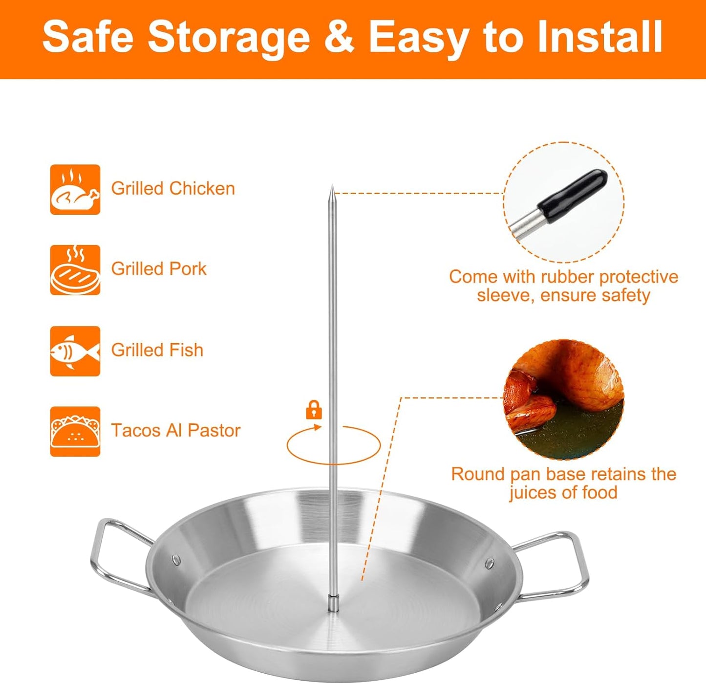 Al Pastor Skewer for Grill, Stainless Steel Vertical Skewer Shawarma Stand Vertical Spit with 3 Removable Spikes(8”/10"/12”) & Brushes Gyro Pan for Tacos, Kebabs Smoker,BBQ