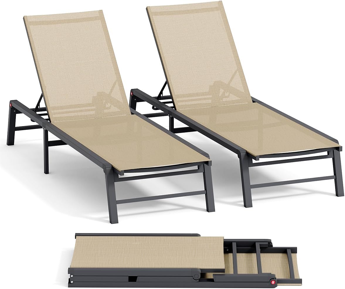 Aluminum Chaise Lounge Chair Outdoor, Foldable Patio Lounge Chair 2 Sets Assemble-Free, Pool Lounge Chairs with 5 Adjustable Backrest, Outdoor Lounge Chairs for Outside Poolside Beach Lawn Flaxen