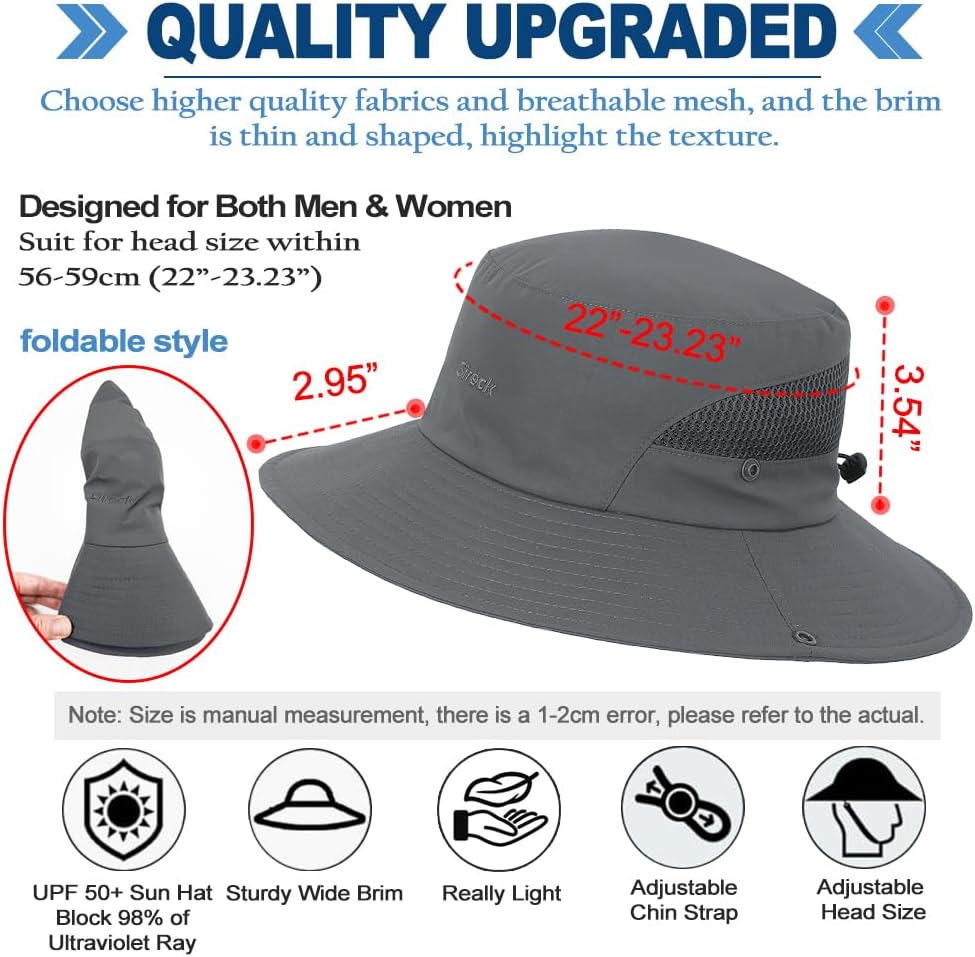 Fishing Hat, UPF50+ Wide Brim Sun Hat for Men Women, UV Protection Hiking Beach Bucket Hats Summer Safari Hat